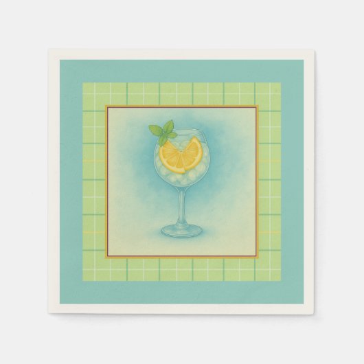 Gin & Tonic Cocktail Napkin  Lemon Mint Watercolor スタンダードカクテルナプキン (正面)