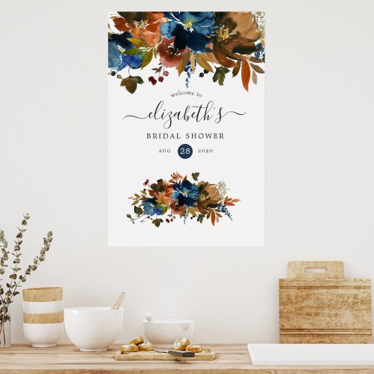 Ginger and Navy Floral Bridal Shower ポスター (キッチン)