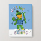 Ginger Cat Going Skiing Blue Rectangular Button 缶バッジ (正面)