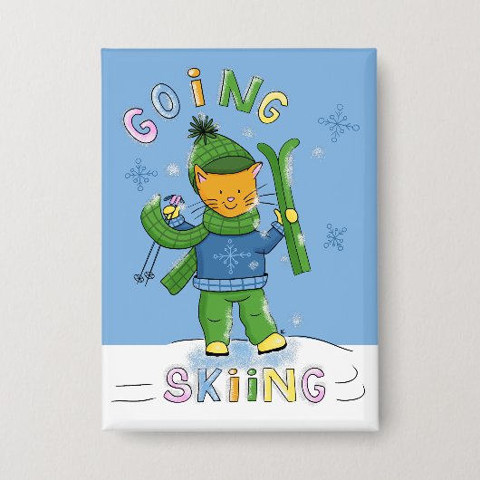 Ginger Cat Going Skiing Blue Rectangular Button 缶バッジ (正面)