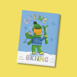 Ginger Cat Going Skiing Blue Rectangular Button 缶バッジ