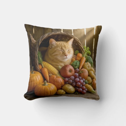Ginger Cat In a Thanksgiving Cornucopia クッション (正面)