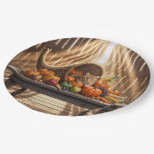 Ginger Cat In a Thanksgiving Cornucopia ペーパープレート (アングル)