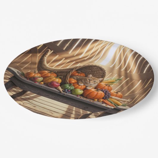 Ginger Cat In a Thanksgiving Cornucopia ペーパープレート (アングル)