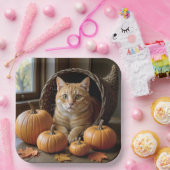 Ginger Cat In a Thanksgiving Cornucopia  ペーパープレート (パーティー)