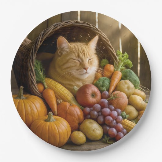 Ginger Cat In a Thanksgiving Cornucopia ペーパープレート (正面)