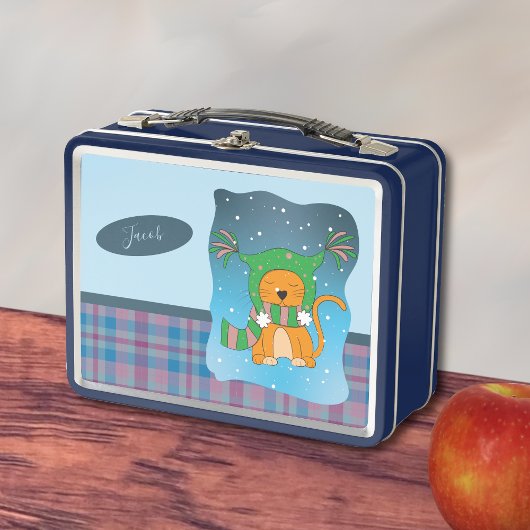 Ginger Cat In the Snow Blue Metal Lunchbox メタルランチボックス