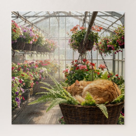 Ginger Cat Napping in Hanging Fern Basket ジグソーパズル (縦)