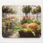 Ginger Cat Napping in Hanging Fern Basket マウスパッド (正面)