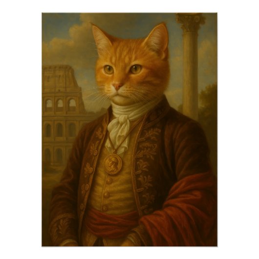 Ginger Cat Noble Portrait with Roman Ruins ポスター (正面)