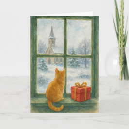 Ginger Cat overlooking a winter's scene  シーズンカード