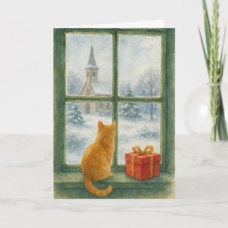 Ginger Cat overlooking a winter's scene  シーズンカード