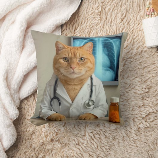 Ginger Cat Wearing a Doctor Lab Coat クッション (ブランケット)