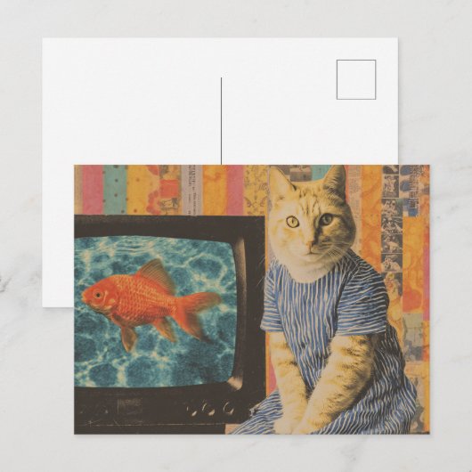 Ginger Cat With Goldfish on TV Retro Collage ポストカード (正面/裏面)