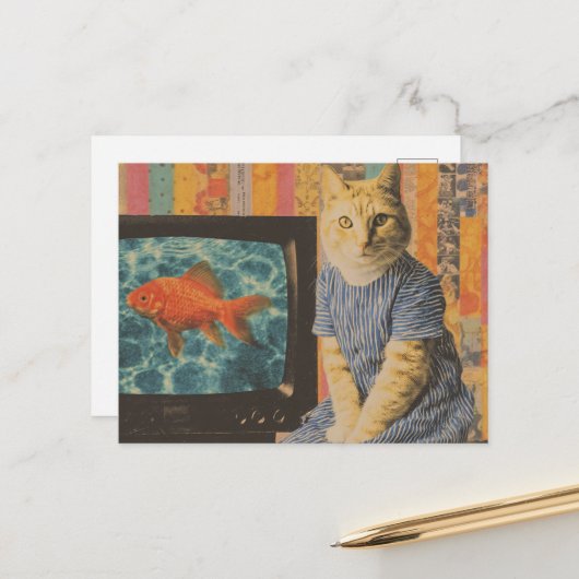 Ginger Cat With Goldfish on TV Retro Collage ポストカード (正面/裏面インサイチュ)