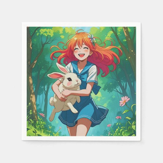 Ginger-hand Anime Girl with her Bunny スタンダードカクテルナプキン (正面)