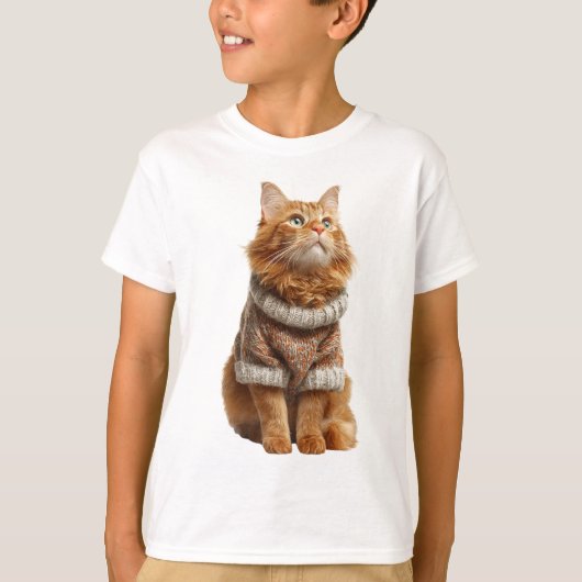 Ginger Longhair Cat in Cozy Autumn Sweater Kids Tシャツ (正面)