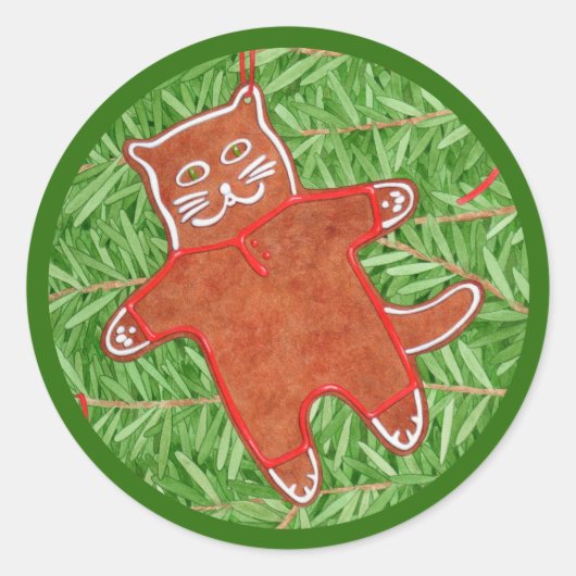 GINGERBREAD子猫大きな丸いシール/緑 ラウンドシール (正面)