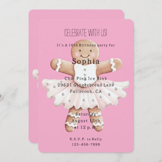 Gingerbread Ballerina Pink Birthday 招待状 (正面/裏面)