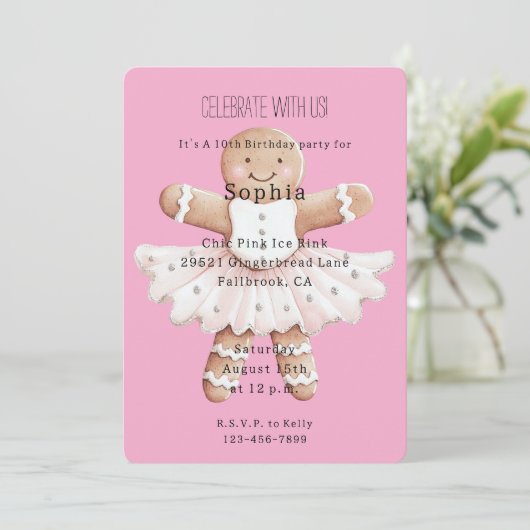 Gingerbread Ballerina Pink Birthday 招待状 (スタンド正面)