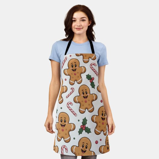Gingerbread Candy Canes & Holly Sprigs Christmas エプロン (着用した状態)