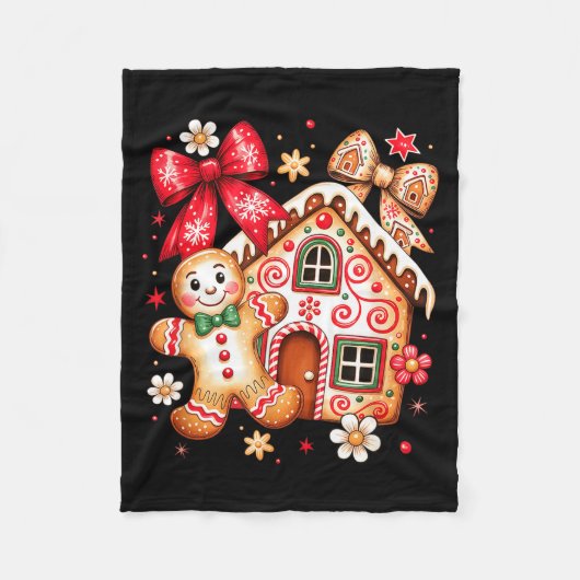 Gingerbread Christmas Bow Christmas House Retro Co フリースブランケット (正面)