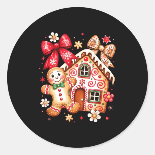 Gingerbread Christmas Bow Christmas House Retro Co ラウンドシール (正面)