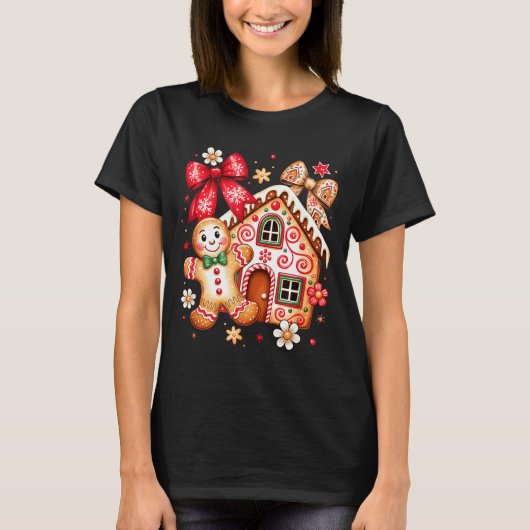 Gingerbread Christmas Bow Christmas House Retro Co Tシャツ (正面)