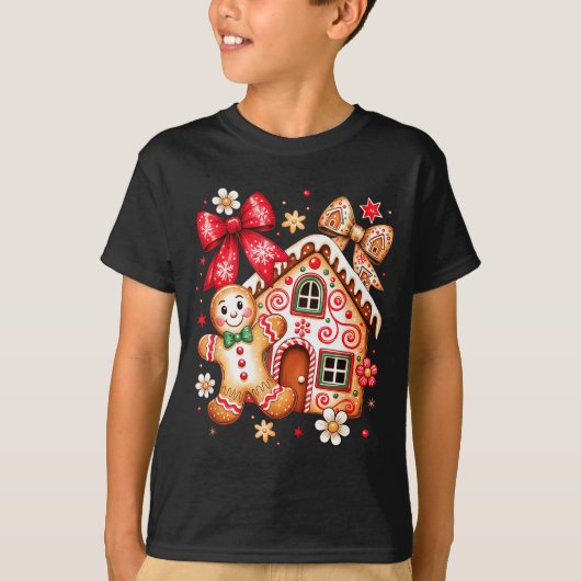 Gingerbread Christmas Bow Christmas House Retro Co Tシャツ (正面)