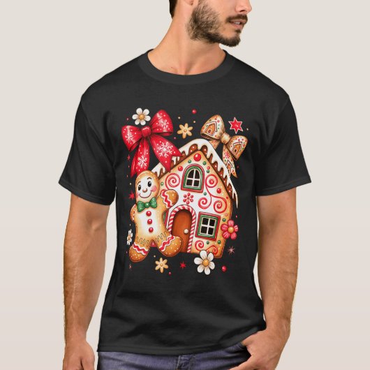 Gingerbread Christmas Bow Christmas House Retro Co Tシャツ (正面)