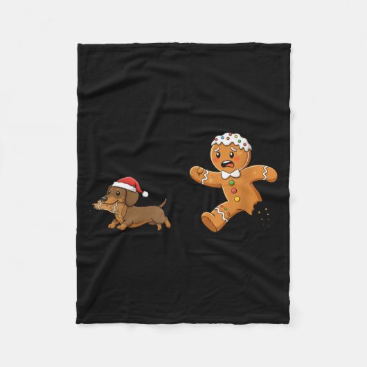 Gingerbread Cookie Chasing Dachshund Christmas Dog フリースブランケット (正面)