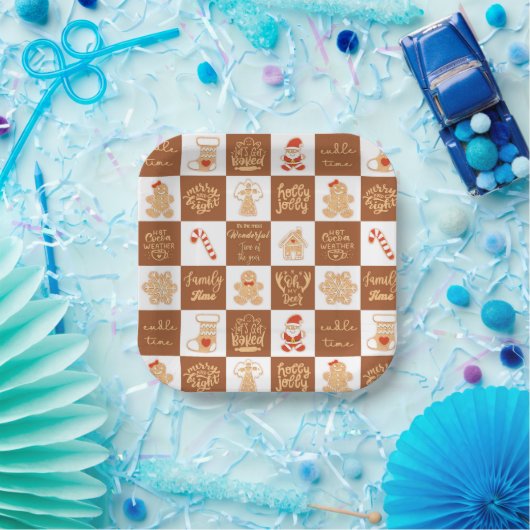 Gingerbread Cookies Checkered Pattern ペーパープレート (パーティー)