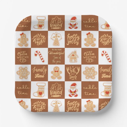 Gingerbread Cookies Checkered Pattern ペーパープレート (正面)