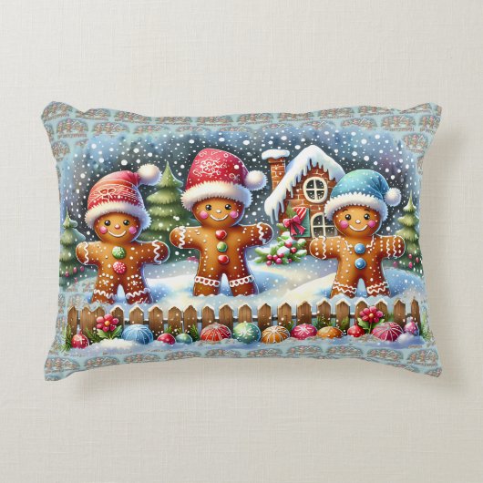 Gingerbread Family Snowy Christmas Scene アクセントクッション (正面)