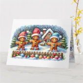 Gingerbread Family Snowy Christmas Scene カード (黄色い花)