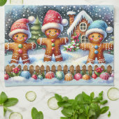 Gingerbread Family Snowy Christmas Scene Blue キッチンタオル (折り畳み)
