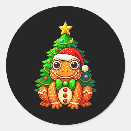 Gingerbread Frog Wearing Santa Hat Christmas Tree  ラウンドシール (正面)