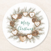 Gingerbread Hearts Pine Cones Wreath Christmas ラウンドペーパーコースター (正面)