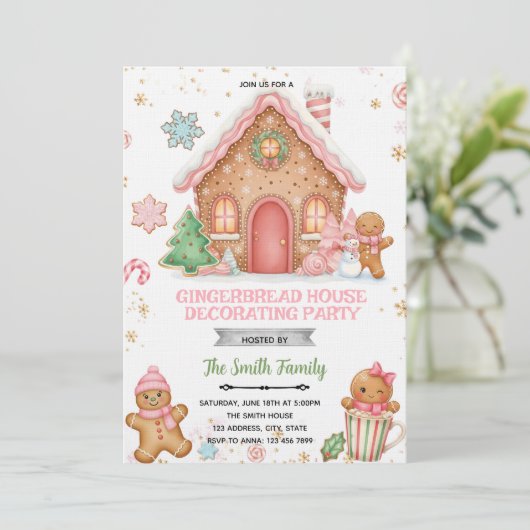Gingerbread House Decorating pink theme Invitation 招待状 (スタンド正面)