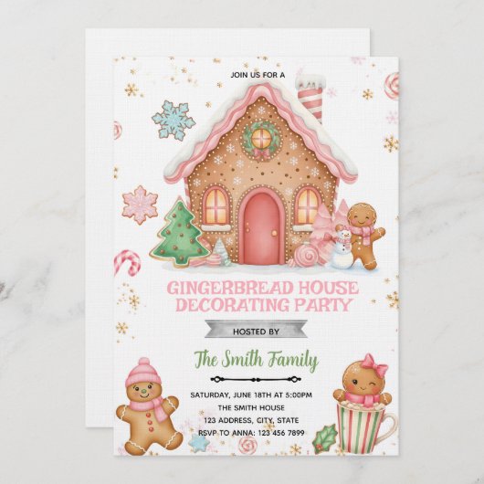 Gingerbread House Decorating pink theme Invitation 招待状 (正面/裏面)