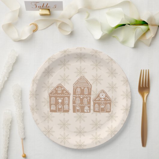 Gingerbread House Illustration Snowflake Pattern ペーパープレート (ウェディング)