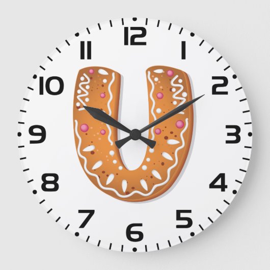 Gingerbread Letter U Monogram Holiday Cookie ラージ壁時計 (正面)