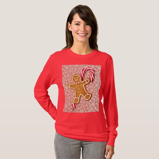Gingerbread Man and Candy Cane Art on T-Shirt Tシャツ (正面フル)