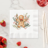 Gingerbread Man Greenery Foliage Christmas Napkin 縁ありランチョンナプキン (インサイチュ)