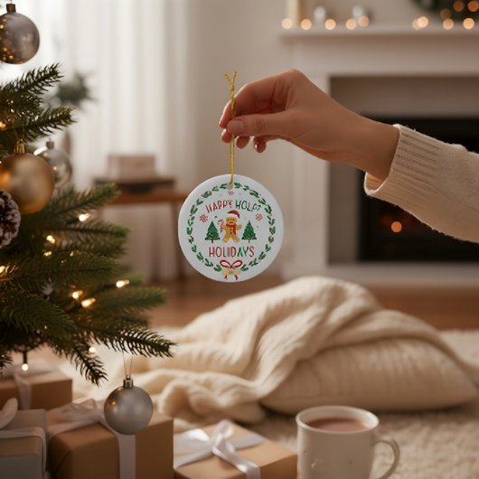 Gingerbread Man & Holly Wreath Christmas Ornament セラミックオーナメント