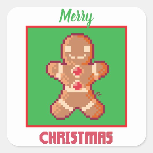 GingerBread Man, Merry Christmas pixel art スクエアシール (正面)