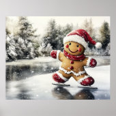 Gingerbread Man Skating Print Christmas Art ポスター (正面)