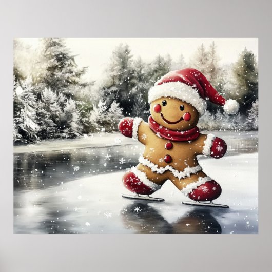 Gingerbread Man Skating Print Christmas Art ポスター (正面)