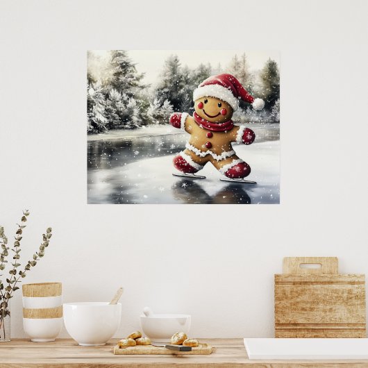 Gingerbread Man Skating Print Christmas Art ポスター (キッチン)
