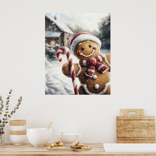 Gingerbread Man with Candy Cane Wall Art ポスター (キッチン)